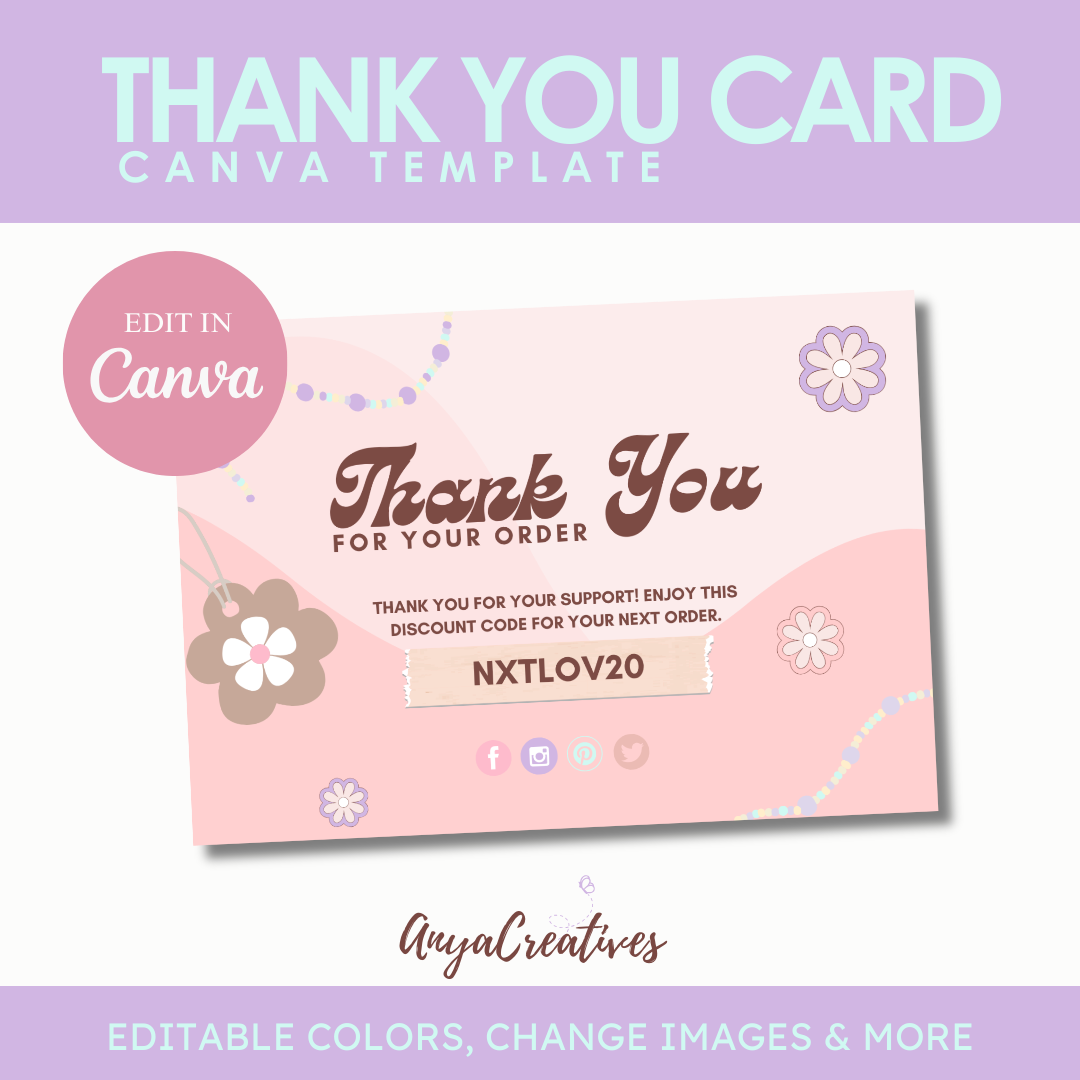 pink thank you card template - floral canva thank you order card - elegant peach, pink, and purple design - small business branding - blush bloom aesthetic