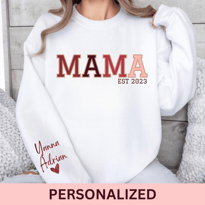 Custom Mama Sweatshirt With Kids Name On Sleeve