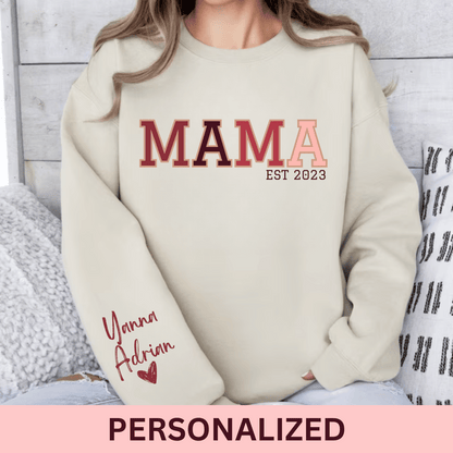 Custom Mama Sweatshirt With Kids Name On Sleeve