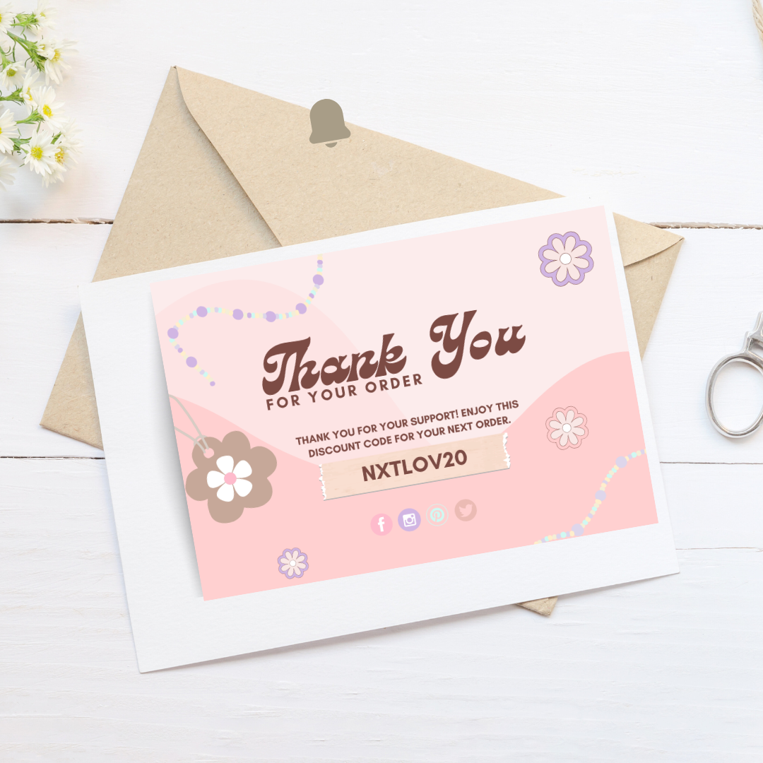 pink thank you card template - floral canva thank you order card - elegant peach, pink, and purple design - small business branding - blush bloom aesthetic